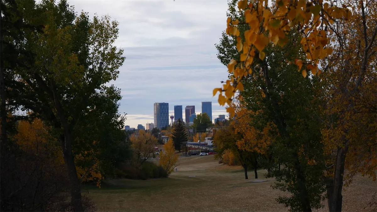 Calgary skyline in autumn, where small loans for bad credit follow Alberta's 18-plus rule